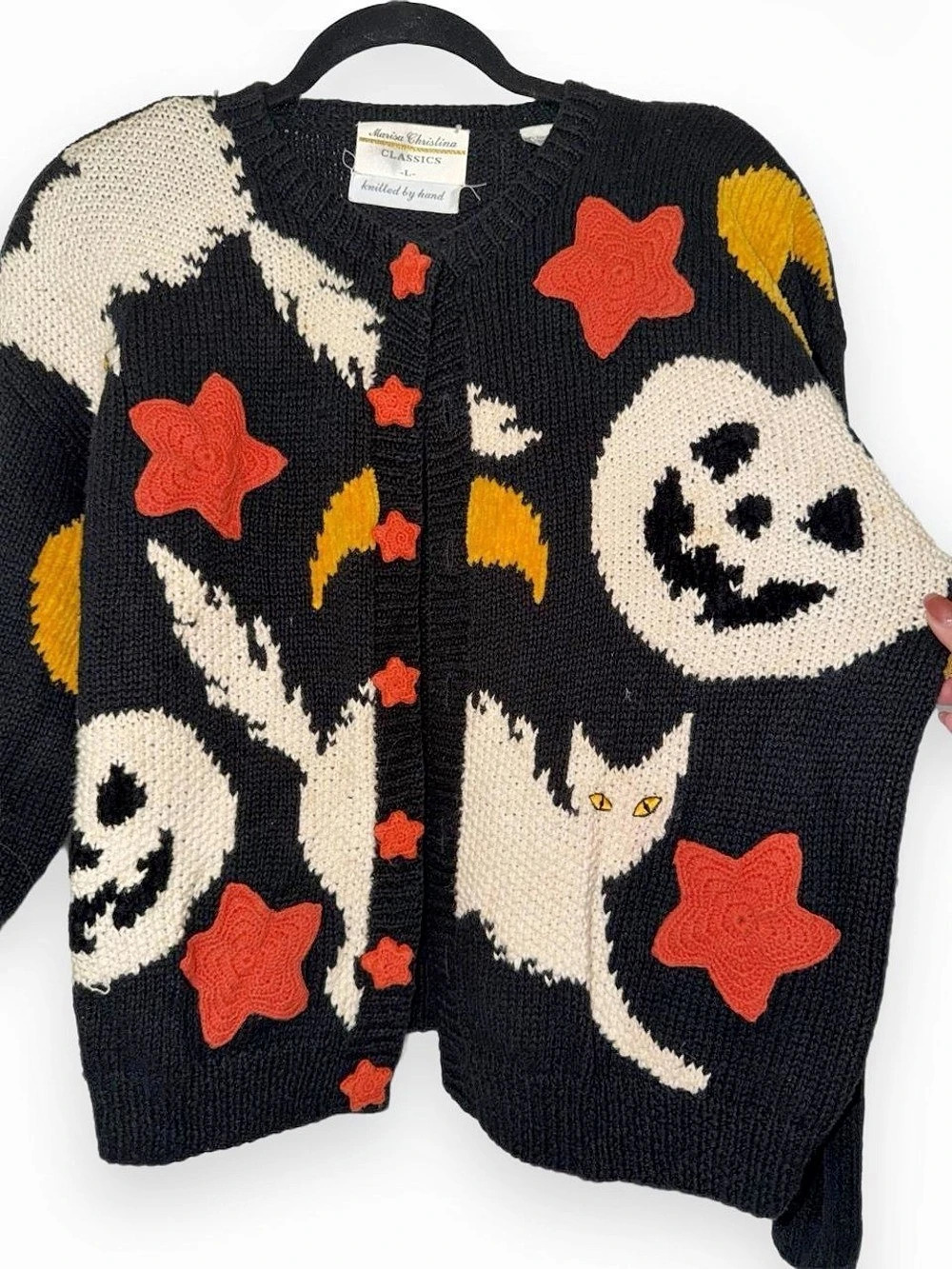 Vintage 90s Halloween embroidered hand knit grandma cardigan sweater size large